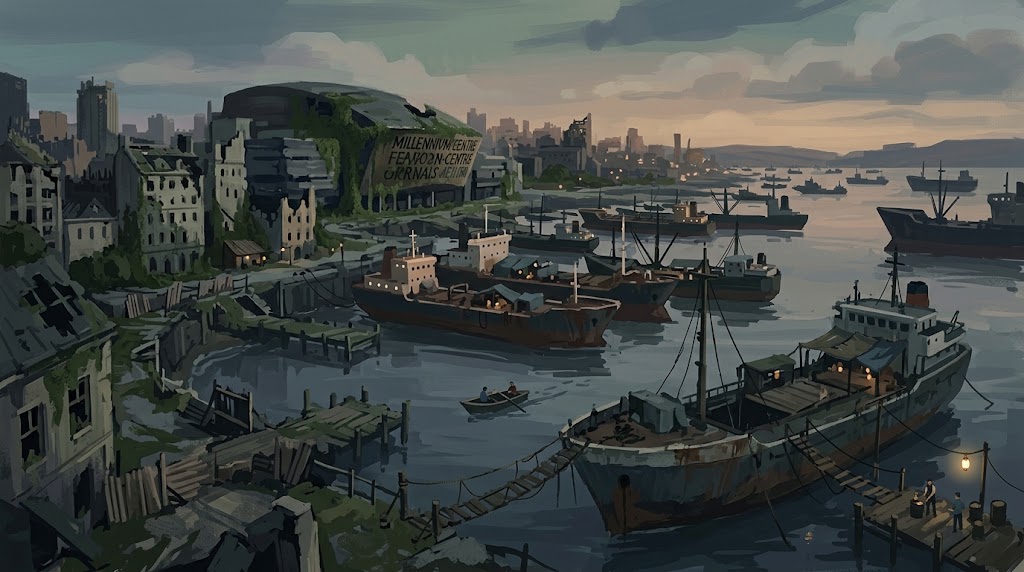 Before Dark: rusting ships at anchor in Cardiff Bay beside overgrown, ruined buildings at dusk