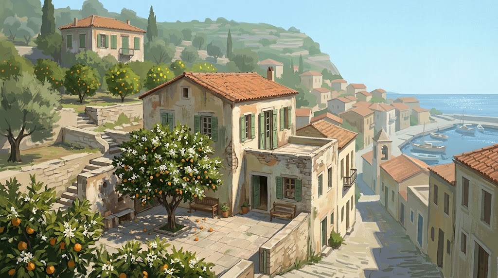 Orange Season: a stone house with green shutters and an orange tree in its courtyard, above a harbor village