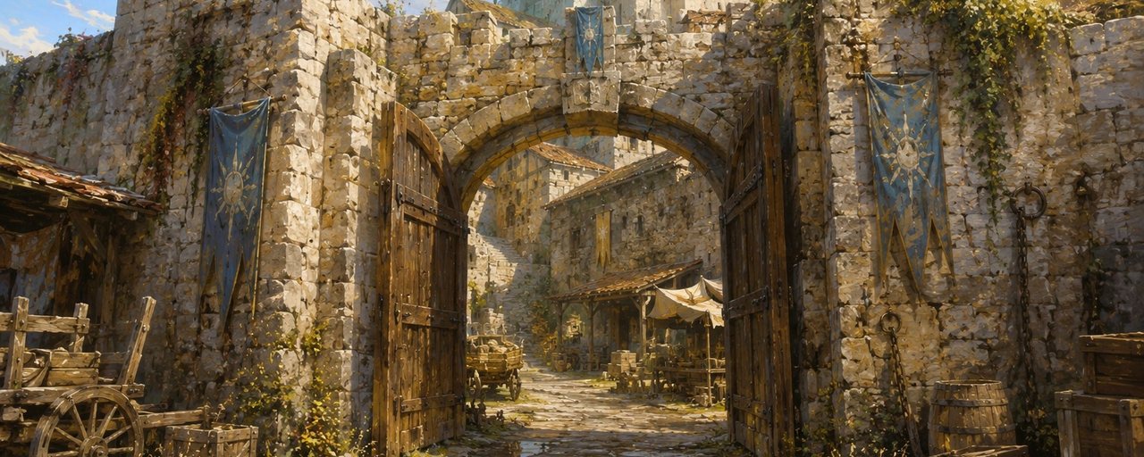 Morning at the Tower's gate: a stone archway hung with blue banners, a cart and market stalls beyond