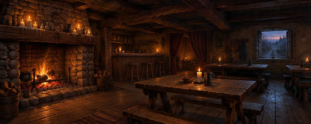 Night in a common house: a roaring hearth, candles on the mantel and long wooden tables