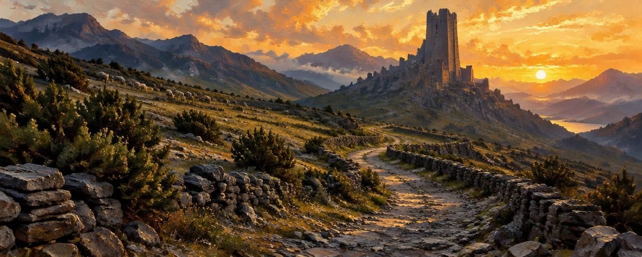 Dawn on a mountain road, the Tower standing on its crag against a golden sky