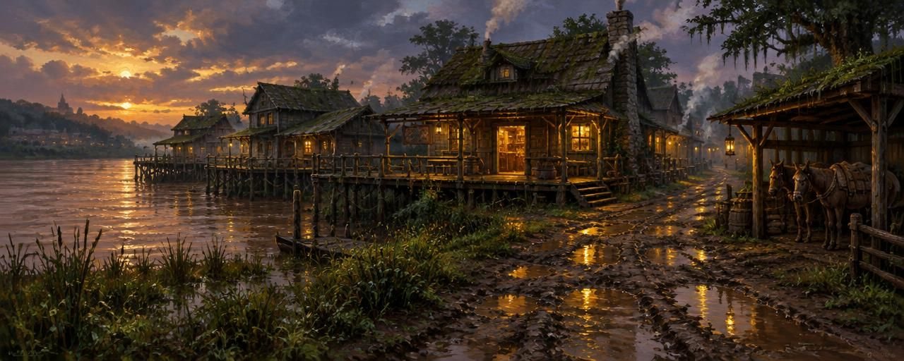 Dusk in a river village built on stilts, lamplight spilling onto the mud and mules under a shelter